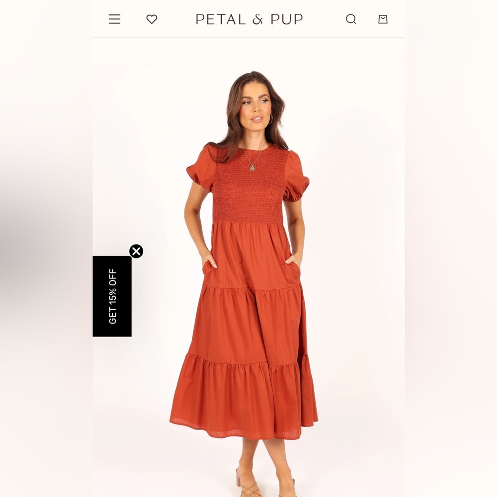 Petal & Pup Shirred Tiered “Naura” MIDI Dress- Rust